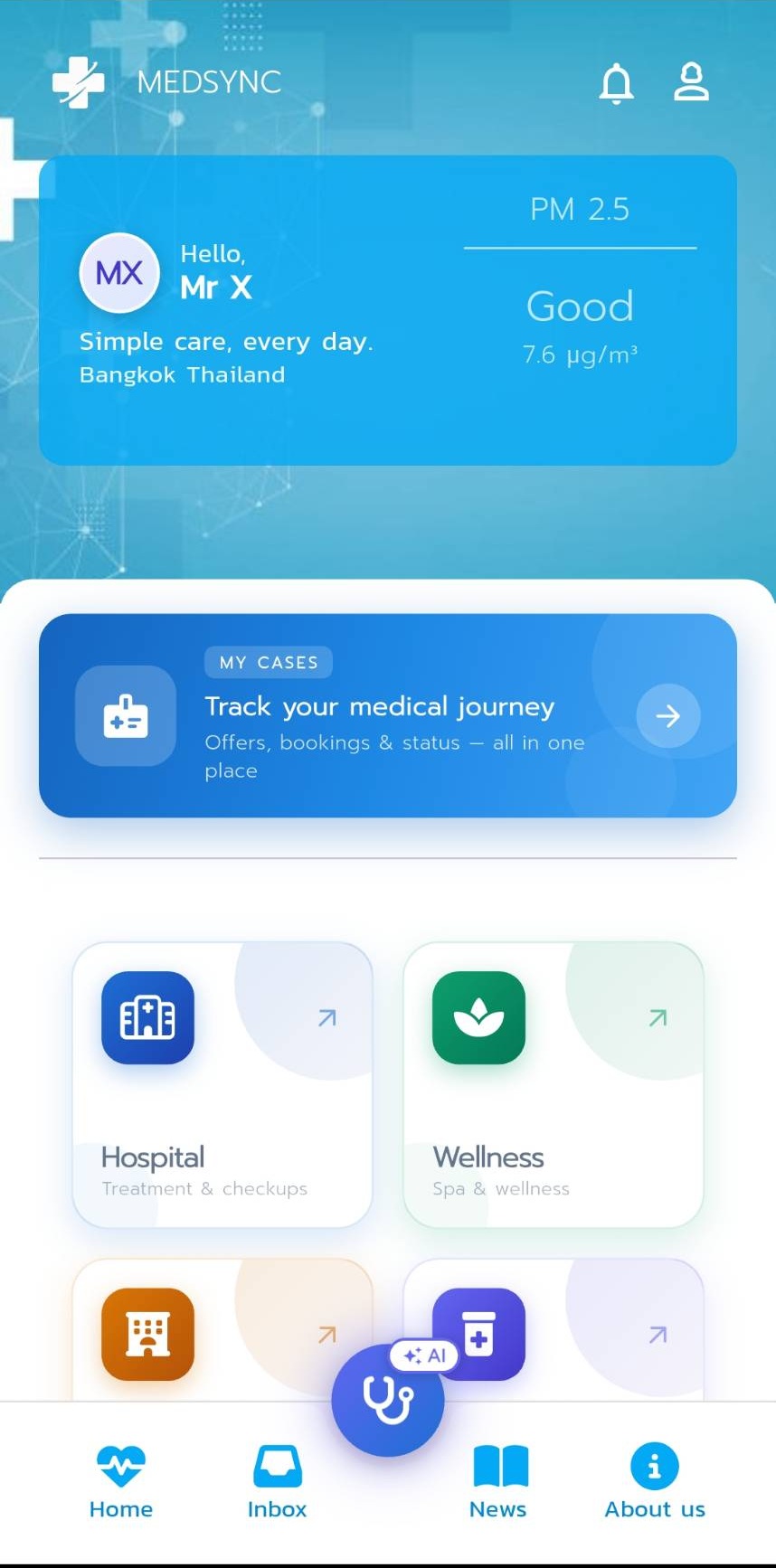MedSync mobile app home screen showing My Cases, Hospital, Wellness, Pharmacy, and the AI assistant